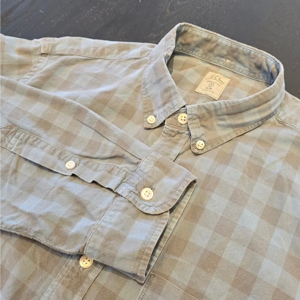 J. Crew Mens Slim Fit Buffalo Check Button Down Shirt Blue Grey Large L Cotton